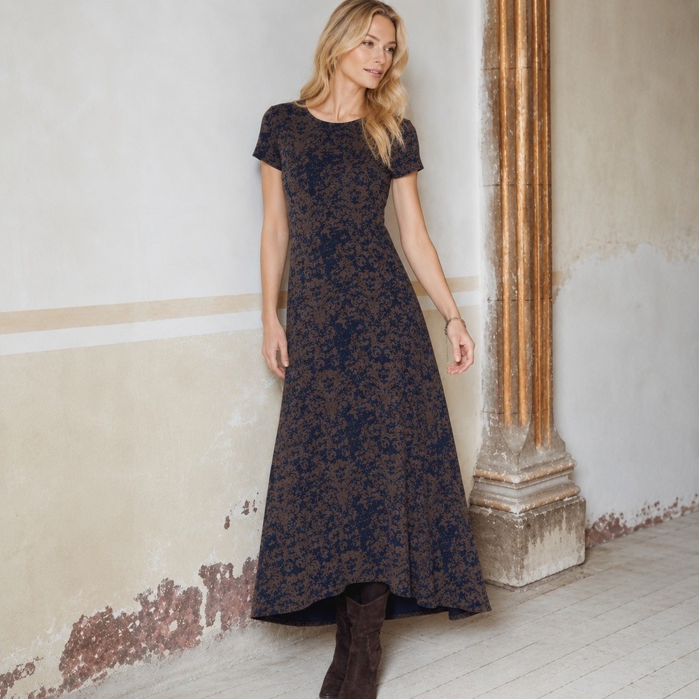 Peruvian Connection Eleonora Navy & Brown Cotton Maxi Dress Size Large